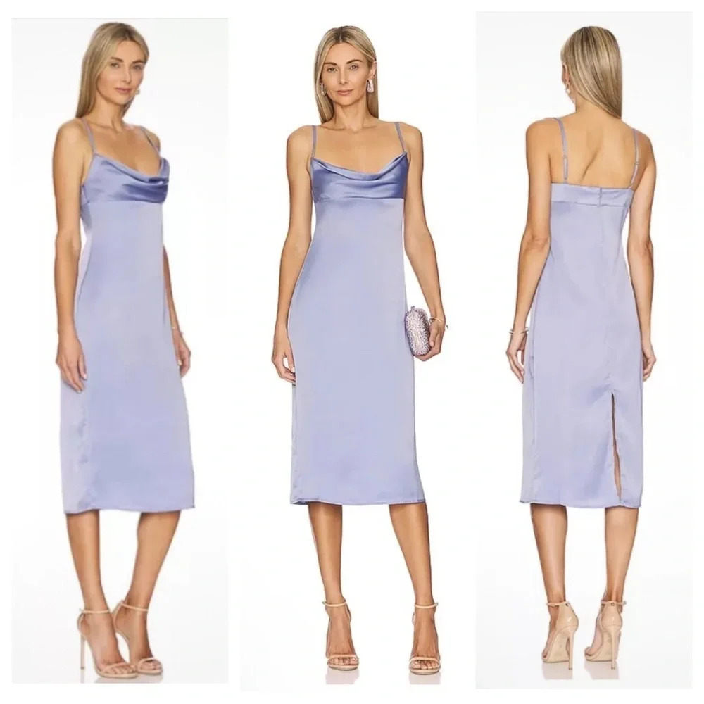 New! We Wore What cowl satin charmeuse midi dress slate blue nwt 33320